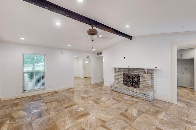 unfurnished living room with ceiling fan, vaulted ceiling with beams, and a brick fireplace