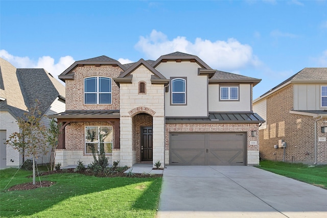 french provincial home with brick siding, concrete driveway, metal roof, a standing seam roof, and a front yard