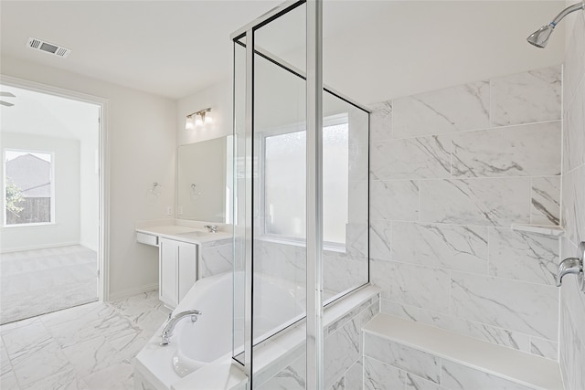 full bath featuring visible vents, marble finish floor, a shower, and a bath