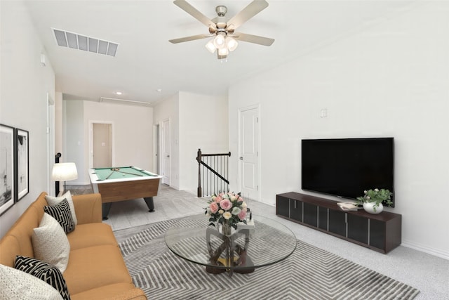 rec room with light colored carpet, billiards, a ceiling fan, baseboards, and visible vents