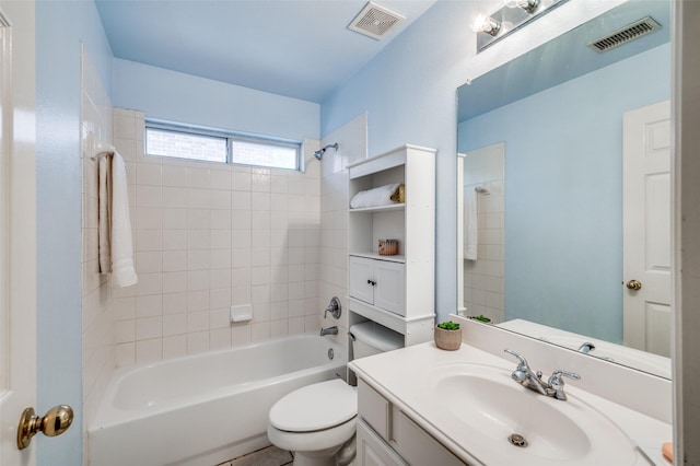 full bathroom with bathing tub / shower combination, visible vents, toilet, and vanity