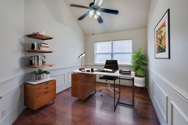 office space featuring vaulted ceiling, dark wood-type flooring, and ceiling fan