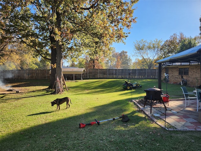 view of yard featuring a fire pit and a patio area