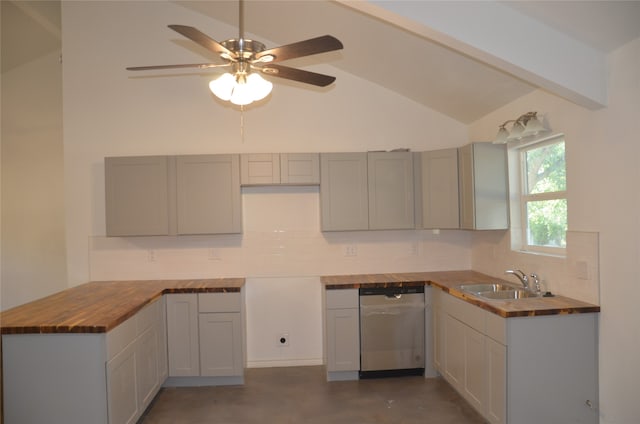 kitchen featuring butcher block counters, sink, ceiling fan, decorative backsplash, and stainless steel dishwasher