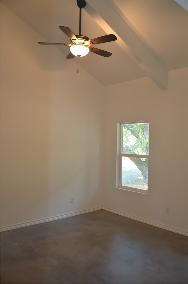 spare room with dark carpet, ceiling fan, and vaulted ceiling with beams