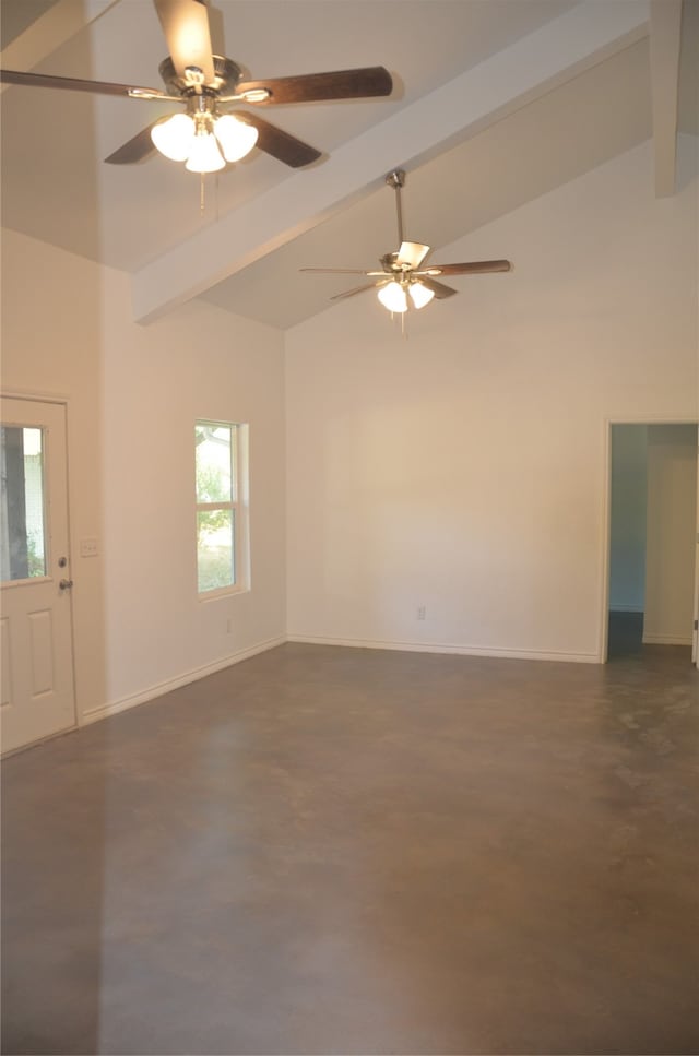 empty room with ceiling fan, beamed ceiling, and high vaulted ceiling