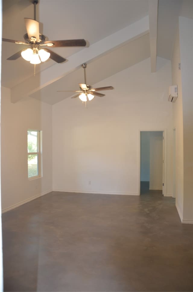 empty room with high vaulted ceiling, beam ceiling, and ceiling fan