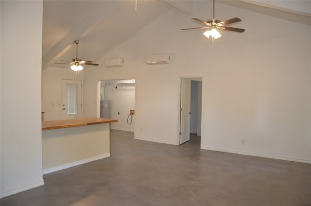 unfurnished living room with ceiling fan, beamed ceiling, and high vaulted ceiling