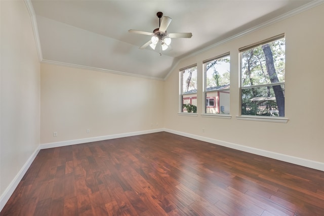 unfurnished room featuring crown molding, lofted ceiling, hardwood / wood-style floors, and ceiling fan