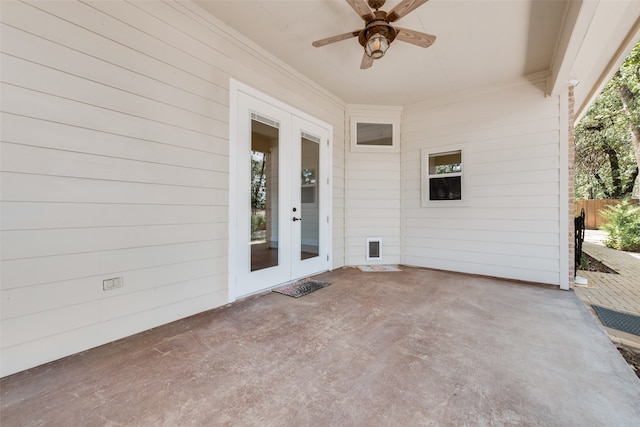 view of patio with ceiling fan and french doors