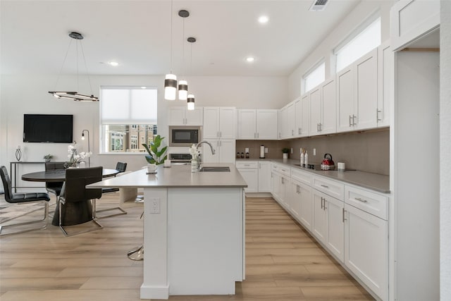 living room featuring ceiling fan and light hardwood / wood-style flooring