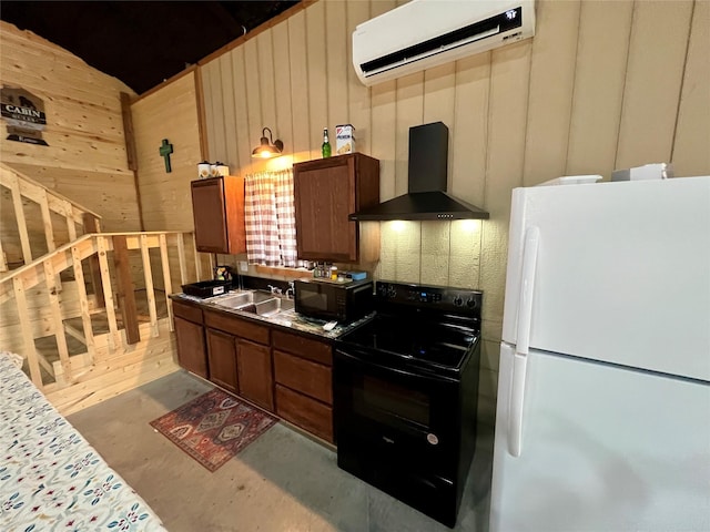 kitchen featuring a wall mounted air conditioner, wood walls, wall chimney range hood, a sink, and black appliances