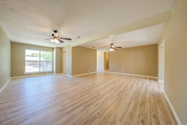 spare room featuring ceiling fan, a textured ceiling, and light hardwood / wood-style flooring