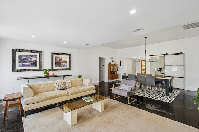 living room featuring a notable chandelier