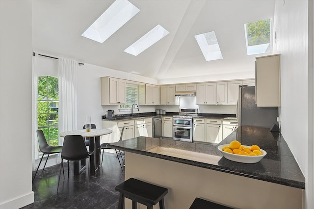 kitchen with high vaulted ceiling, a skylight, kitchen peninsula, and stainless steel appliances