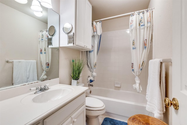 full bathroom with tile patterned floors, toilet, vanity, and shower / bath combination with curtain