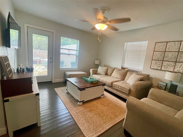 living room featuring ceiling fan and dark hardwood / wood-style floors