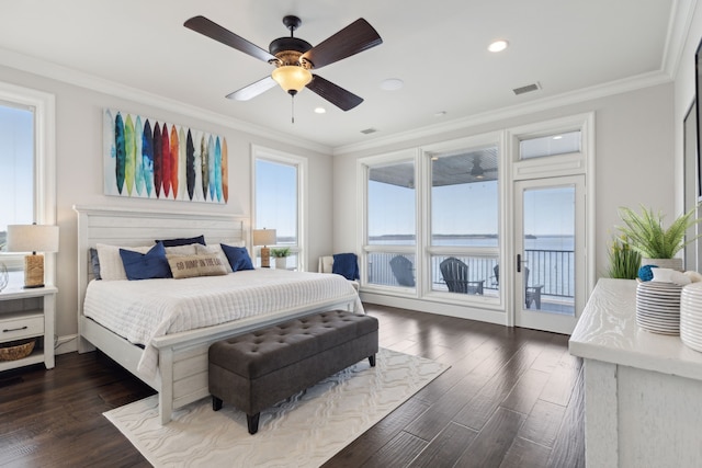 bedroom with access to outside, ornamental molding, dark hardwood / wood-style flooring, and ceiling fan