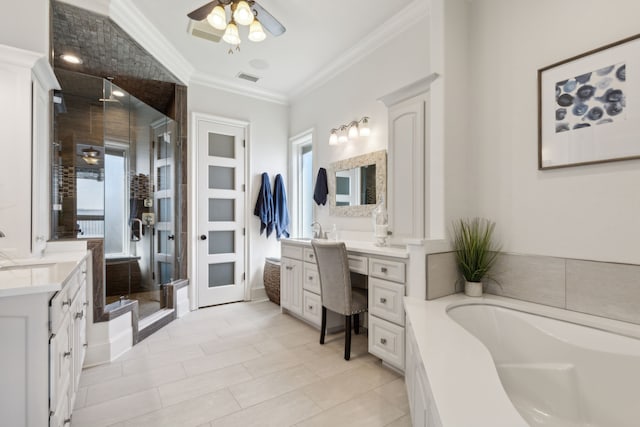 bathroom with crown molding, shower with separate bathtub, vanity, and ceiling fan