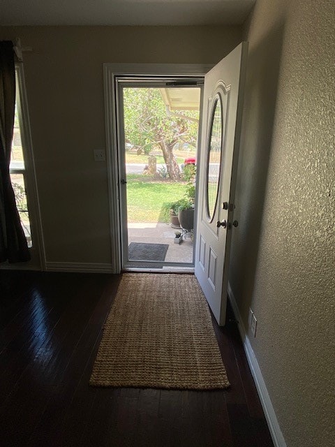 doorway with dark hardwood / wood-style flooring