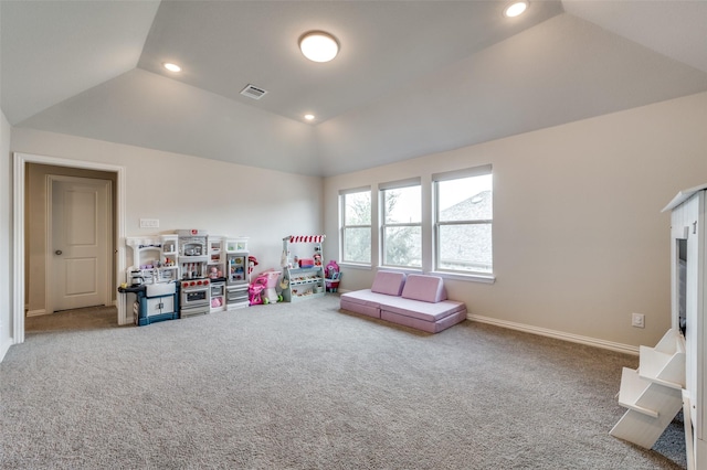 playroom featuring lofted ceiling, visible vents, carpet flooring, and recessed lighting