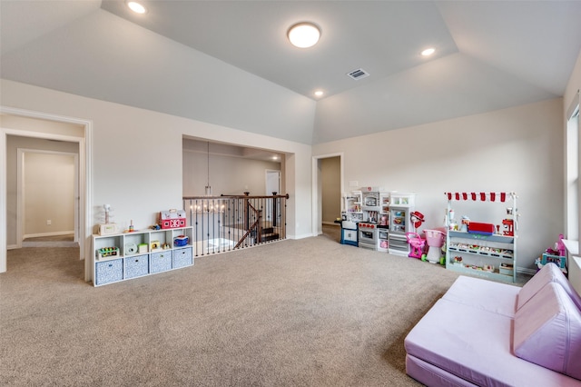 game room with carpet, lofted ceiling, recessed lighting, visible vents, and baseboards