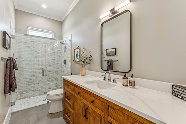 bathroom with tile patterned floors, vanity, crown molding, and walk in shower