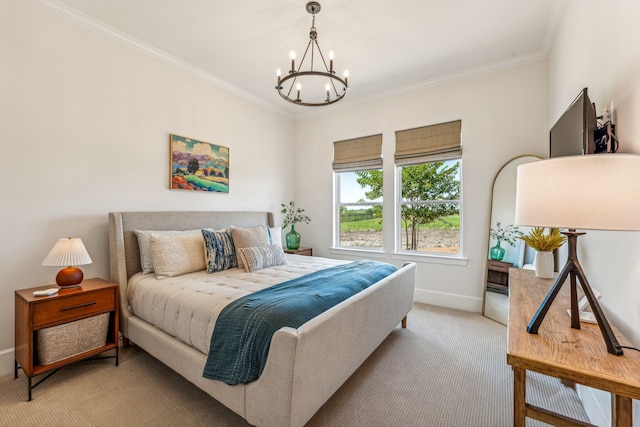 carpeted bedroom featuring crown molding and an inviting chandelier