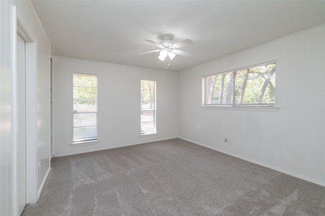 spare room with ceiling fan, carpet, and a textured ceiling