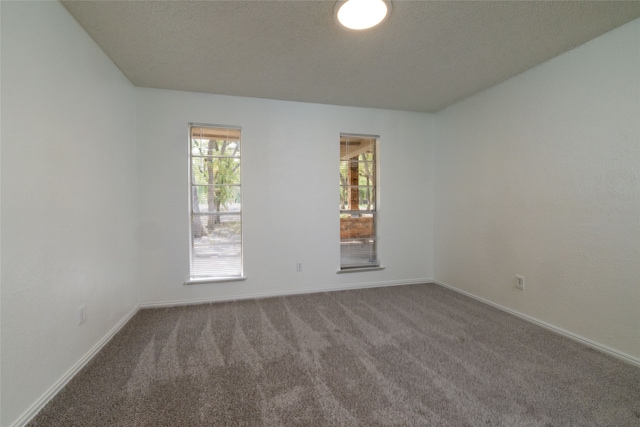 empty room featuring a textured ceiling and carpet flooring