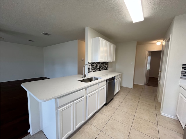 kitchen with white cabinetry, backsplash, kitchen peninsula, sink, and stainless steel dishwasher