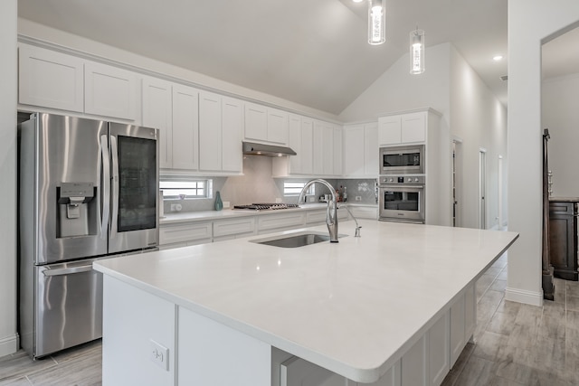 kitchen featuring an island with sink, stainless steel appliances, sink, and white cabinetry