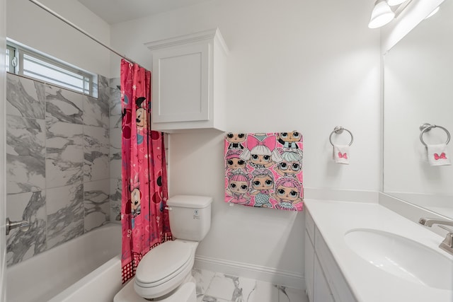 full bathroom with vanity, toilet, and shower / bath combo with shower curtain