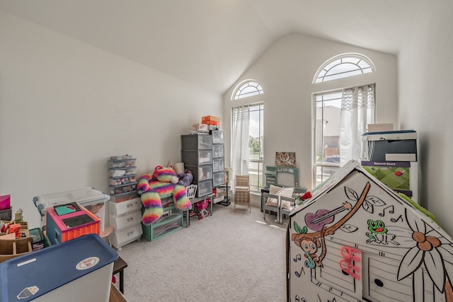 recreation room featuring lofted ceiling and carpet