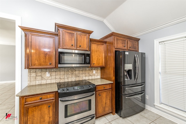 kitchen with crown molding, appliances with stainless steel finishes, backsplash, and light tile patterned floors