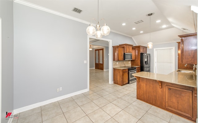 kitchen with backsplash, hanging light fixtures, stainless steel appliances, ornamental molding, and a chandelier