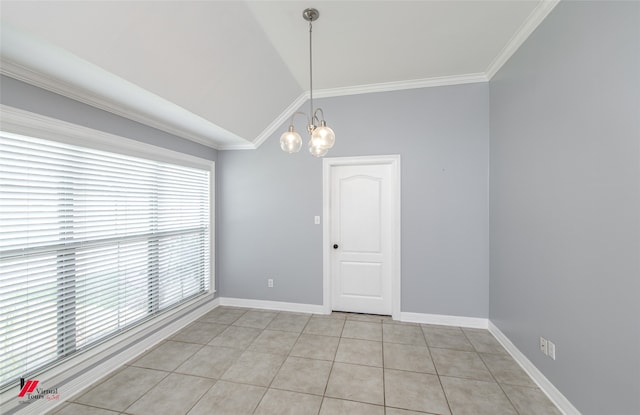 unfurnished dining area featuring lofted ceiling, crown molding, light tile patterned floors, and a chandelier