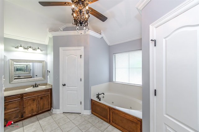 bathroom with ornamental molding, vanity, ceiling fan, lofted ceiling, and a bath