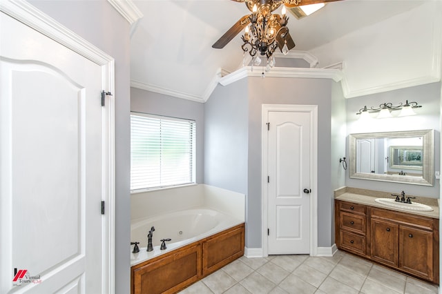 bathroom with a bath, ceiling fan, ornamental molding, and vanity