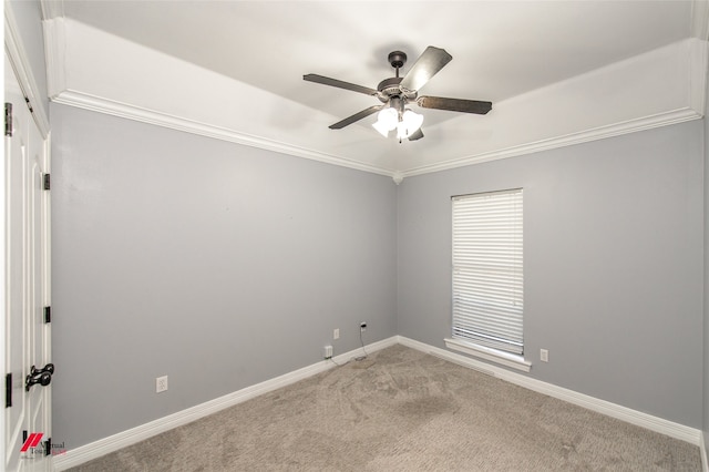 empty room featuring ceiling fan, crown molding, light carpet, and a healthy amount of sunlight