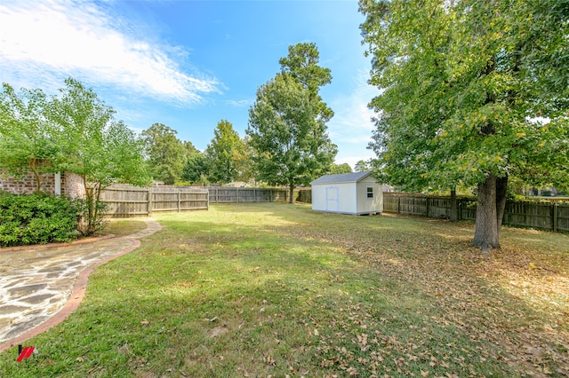 view of yard featuring a storage shed