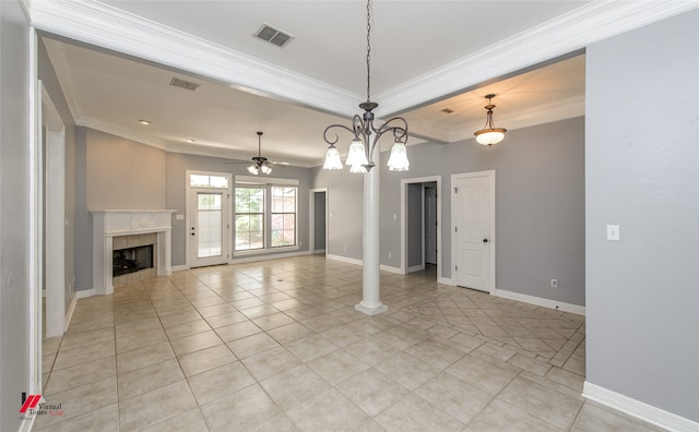 unfurnished living room featuring crown molding, ceiling fan with notable chandelier, a tile fireplace, and light tile patterned flooring