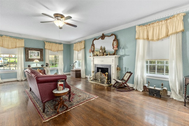 living room with hardwood / wood-style floors, ceiling fan, and crown molding