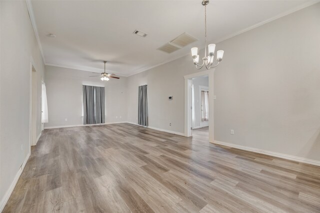 spare room with crown molding, ceiling fan with notable chandelier, and light hardwood / wood-style floors