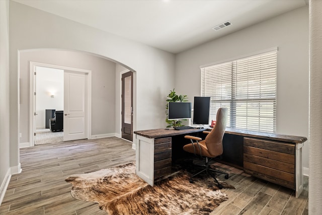 office area featuring light hardwood / wood-style flooring