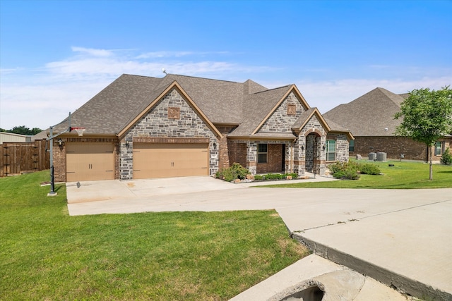 view of front of property with a garage and a front lawn