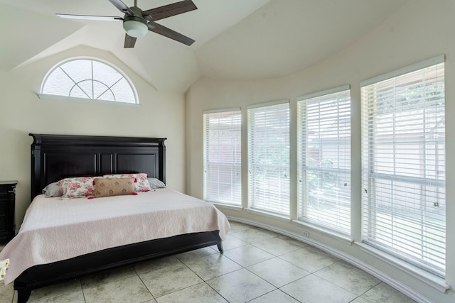 7525 Juliet Ln, Fort Worth, TX 76137 - bedroom featuring ceiling fan, lofted ceiling, and light tile patterned floors
