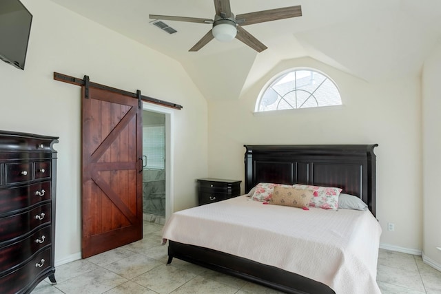 7525 Juliet Ln, Fort Worth, TX 76137 - bedroom featuring light tile patterned floors, visible vents, a barn door, ensuite bathroom, and vaulted ceiling