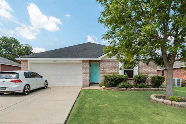 single story home with central air condition unit, a garage, and a front lawn