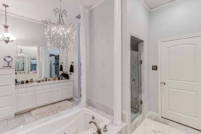 bathroom with crown molding, shower with separate bathtub, vanity, and a notable chandelier